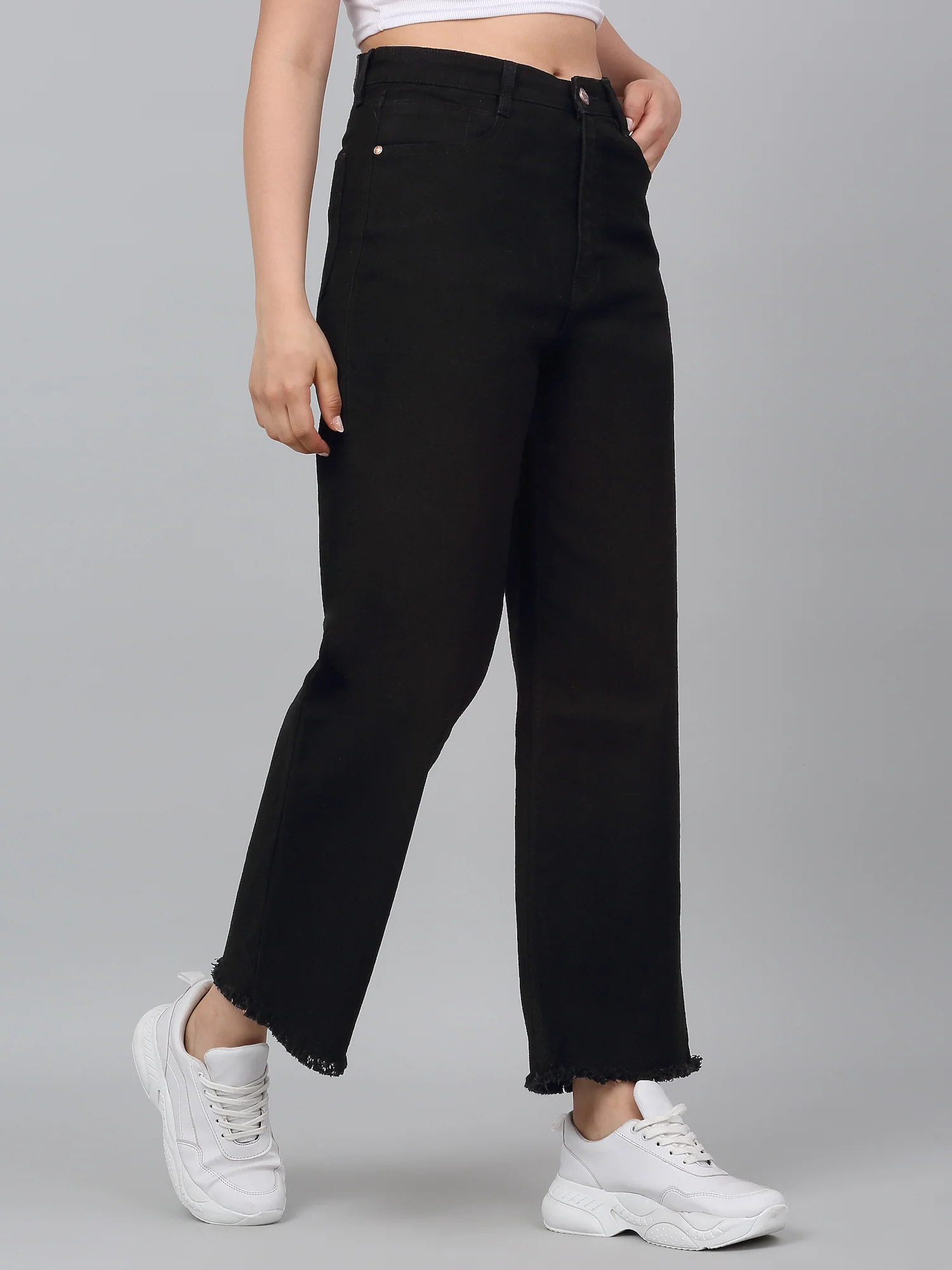Women's Black Solid Wide Leg Stretchable Jeans - Image 3