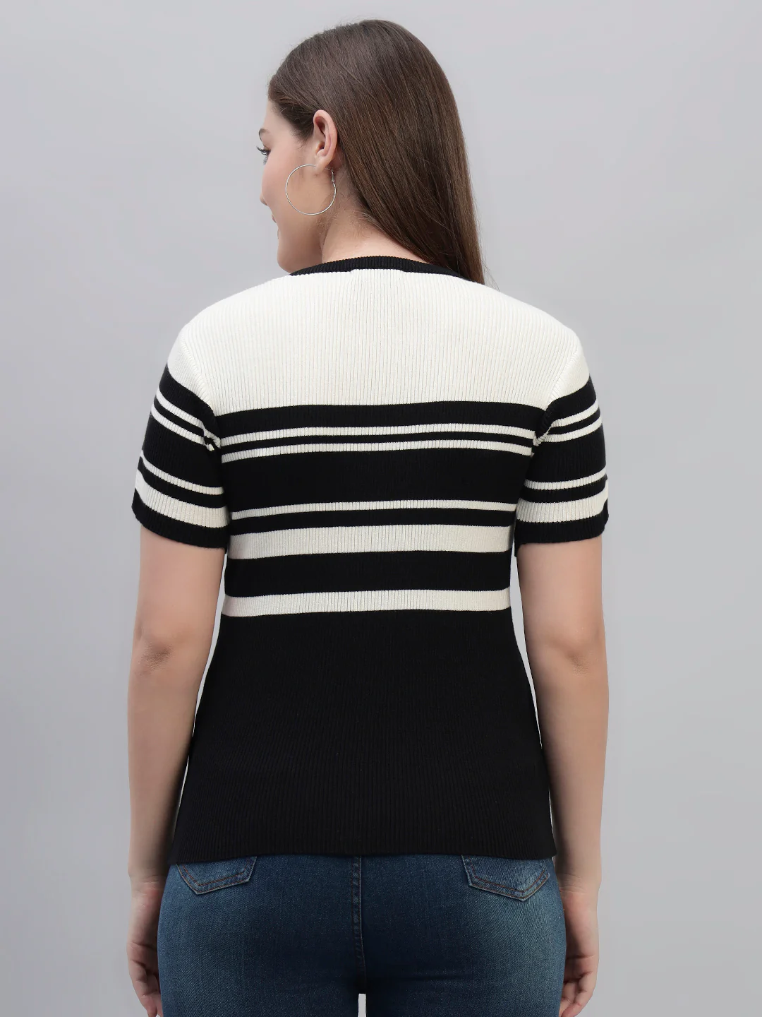 Women's Black Striped Half Sleeves Round Neck Casual T Shirt - Image 2