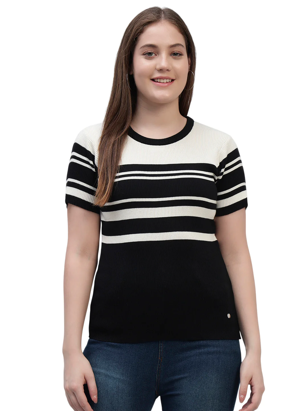 Women's Black Striped Half Sleeves Round Neck Casual T Shirt - Image 3