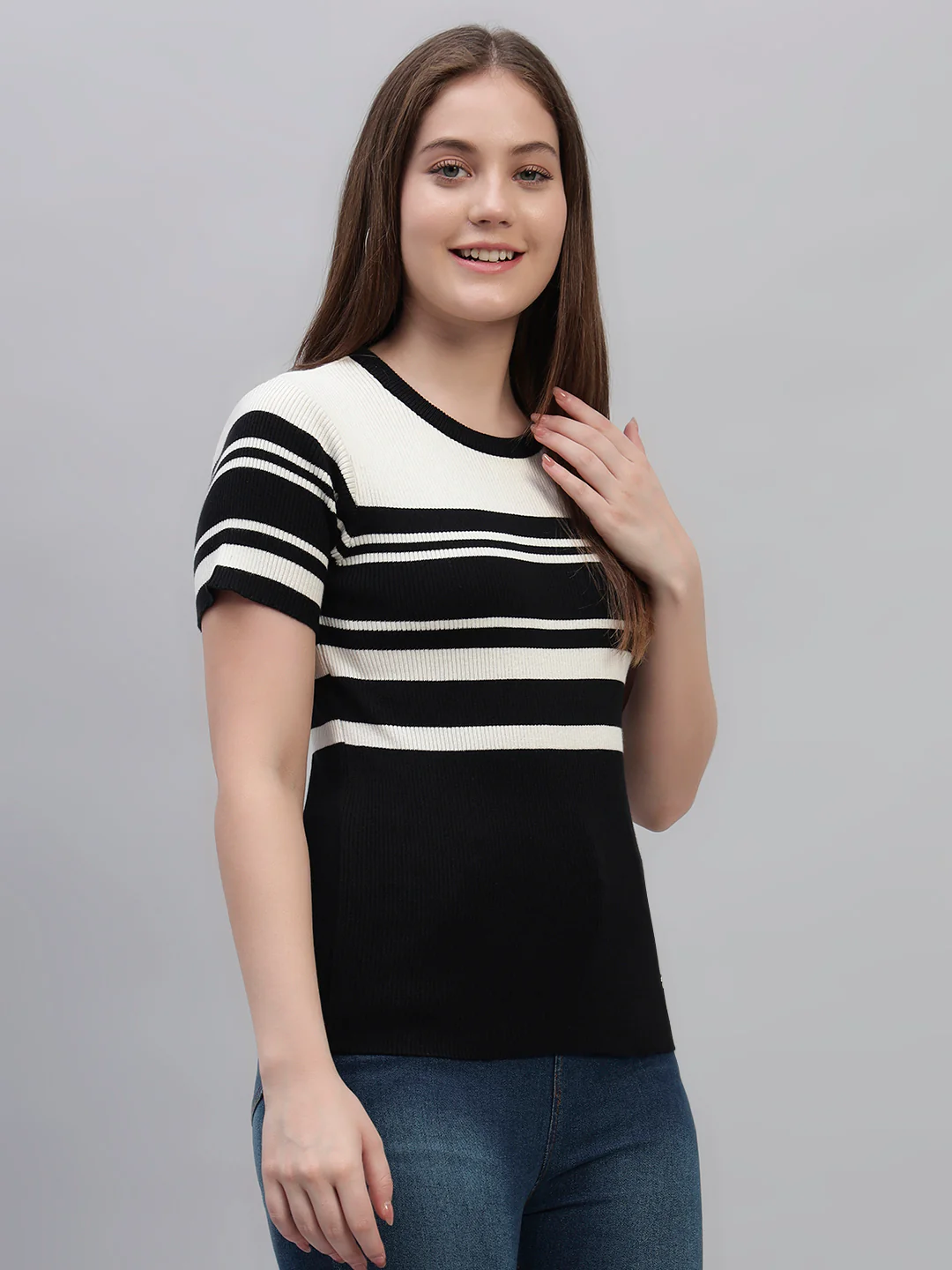Women's Black Striped Half Sleeves Round Neck Casual T Shirt - Image 6