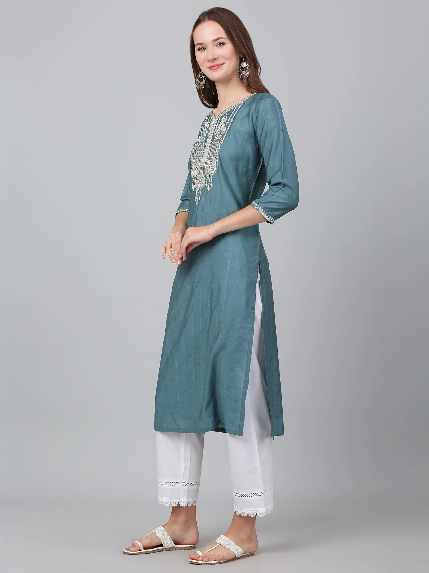 Women's Blue Checked Casual Kurti - Image 3