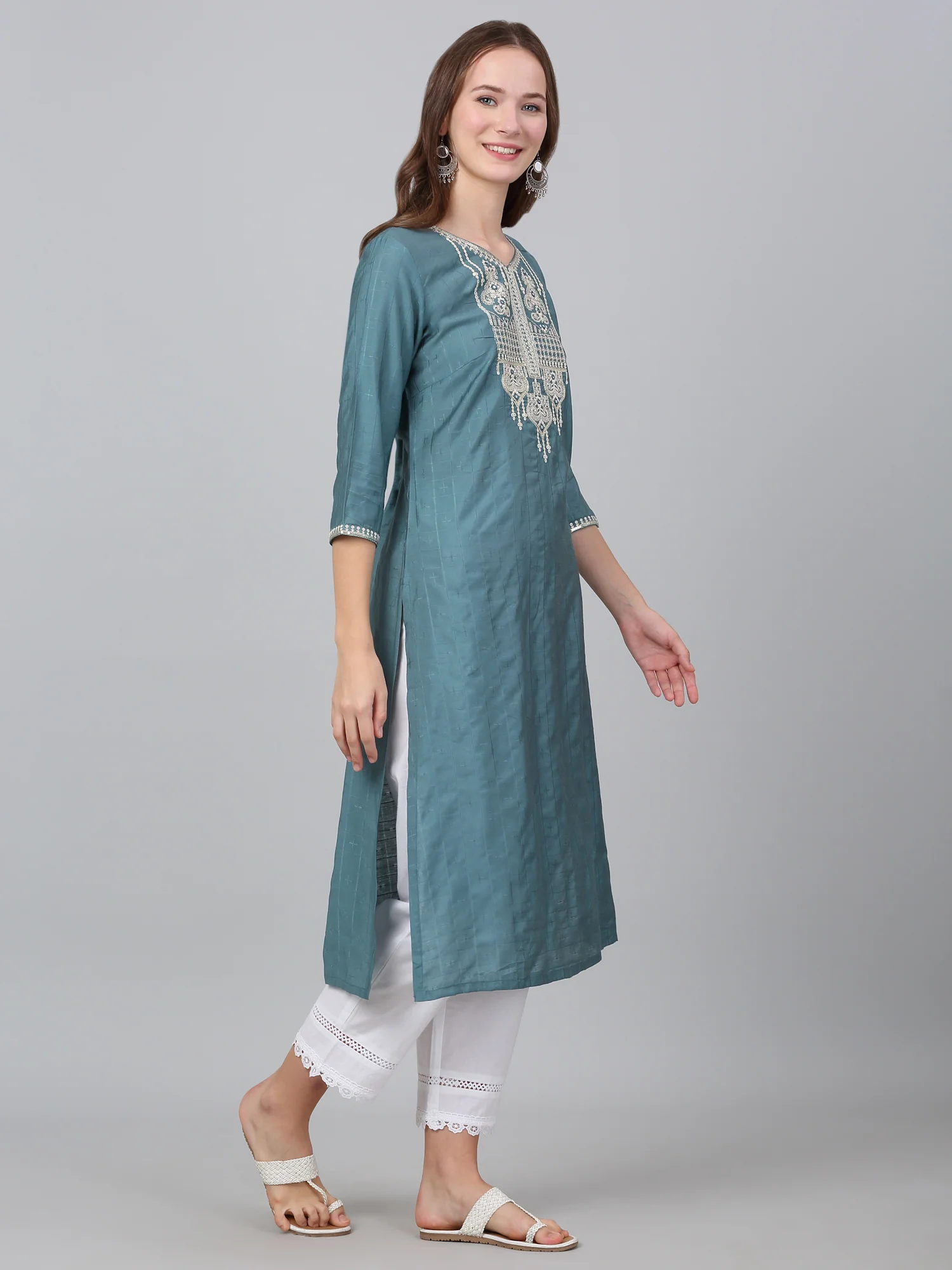 Women's Blue Checked Casual Kurti - Image 4