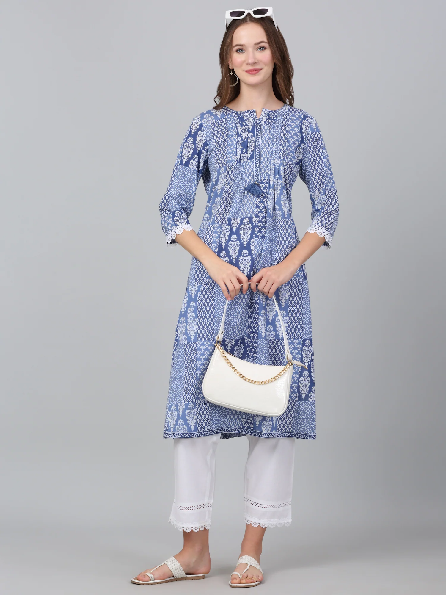 Women's Blue Floral Print Casual Kurta Plazzo Set - Image 6