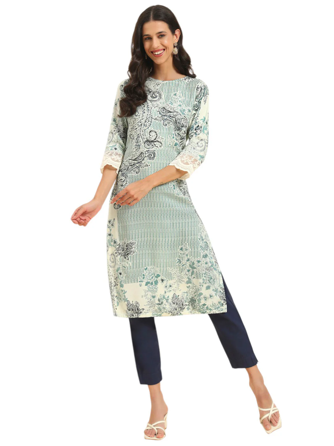 Women's Blue Printed 3/4th Sleeve Round Neck Casual Kurti - Image 2