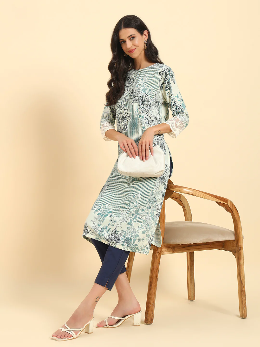 Women's Blue Printed 3/4th Sleeve Round Neck Casual Kurti - Image 8