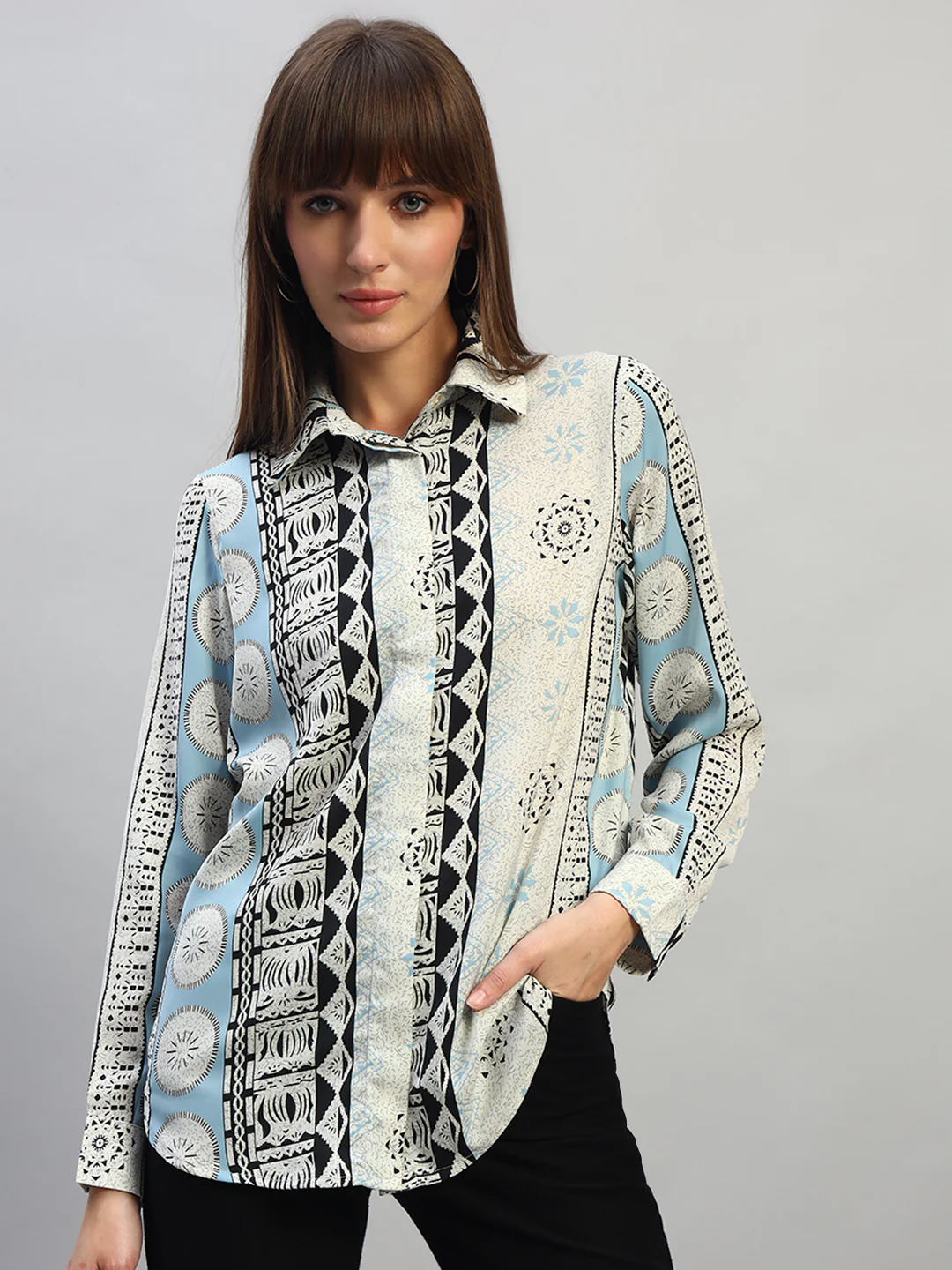 Women's Blue Printed Full Sleeves Spread Collar Casual Top - Image 2