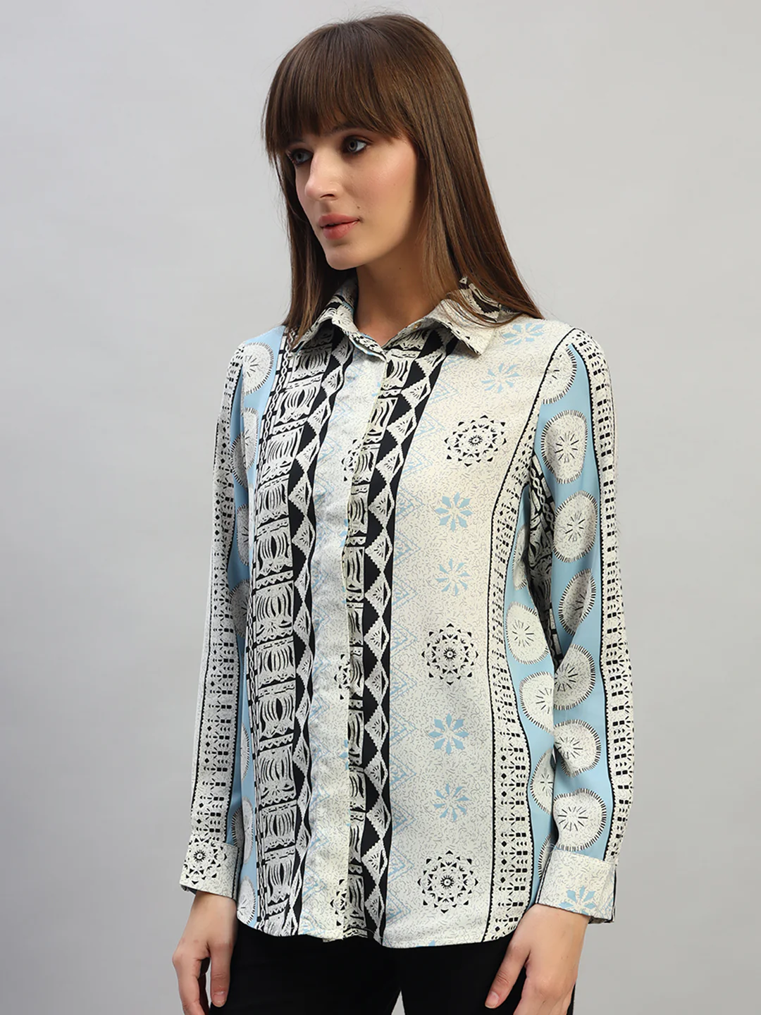 Women's Blue Printed Full Sleeves Spread Collar Casual Top - Image 3
