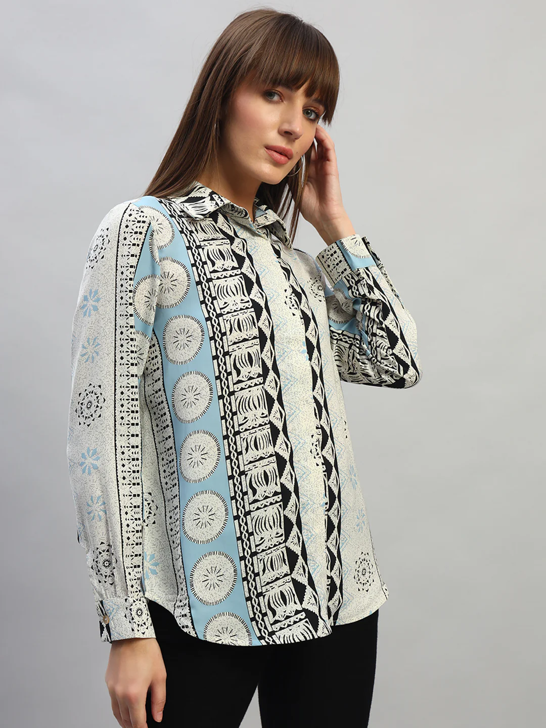 Women's Blue Printed Full Sleeves Spread Collar Casual Top - Image 5