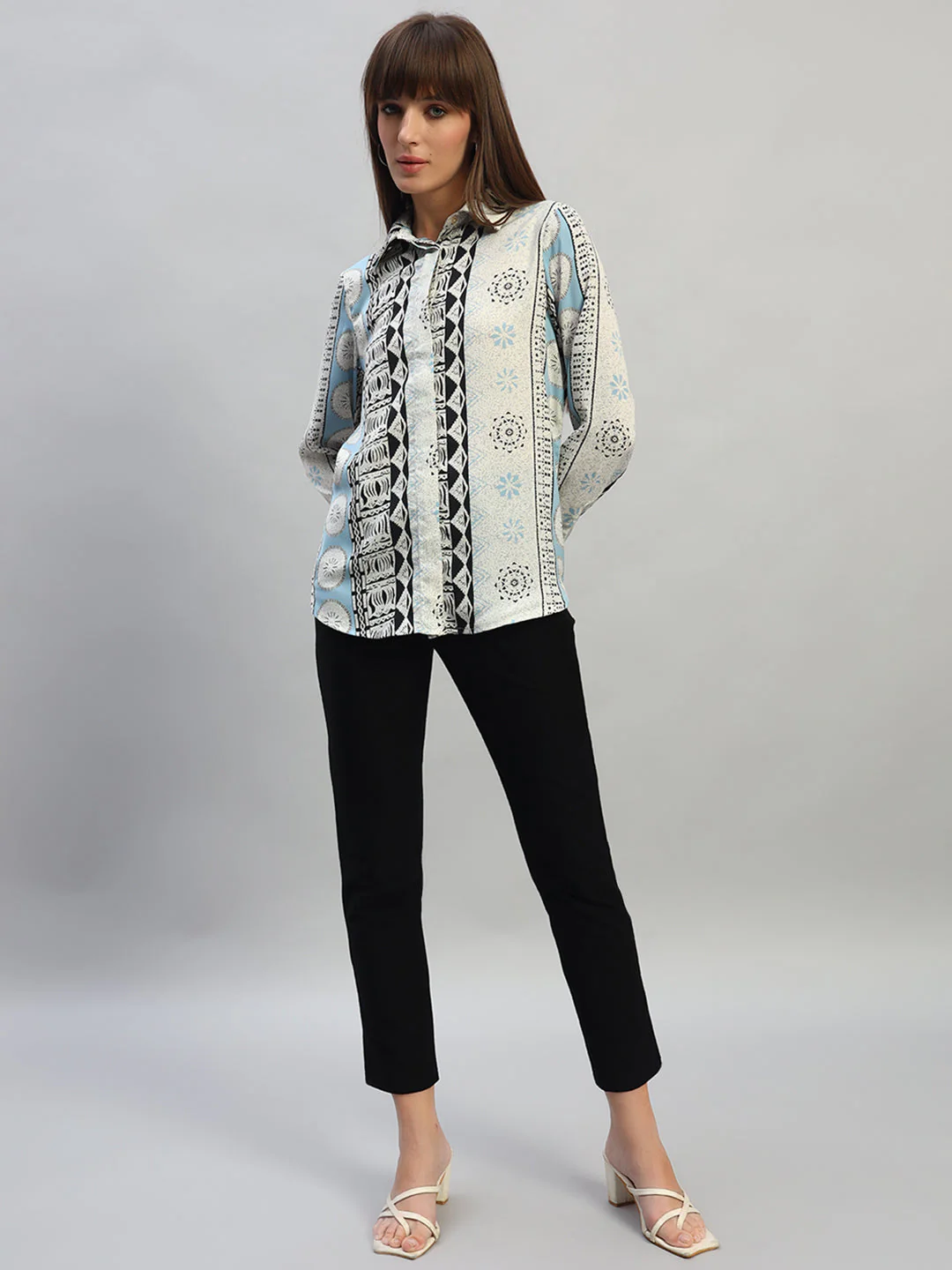 Women's Blue Printed Full Sleeves Spread Collar Casual Top - Image 7