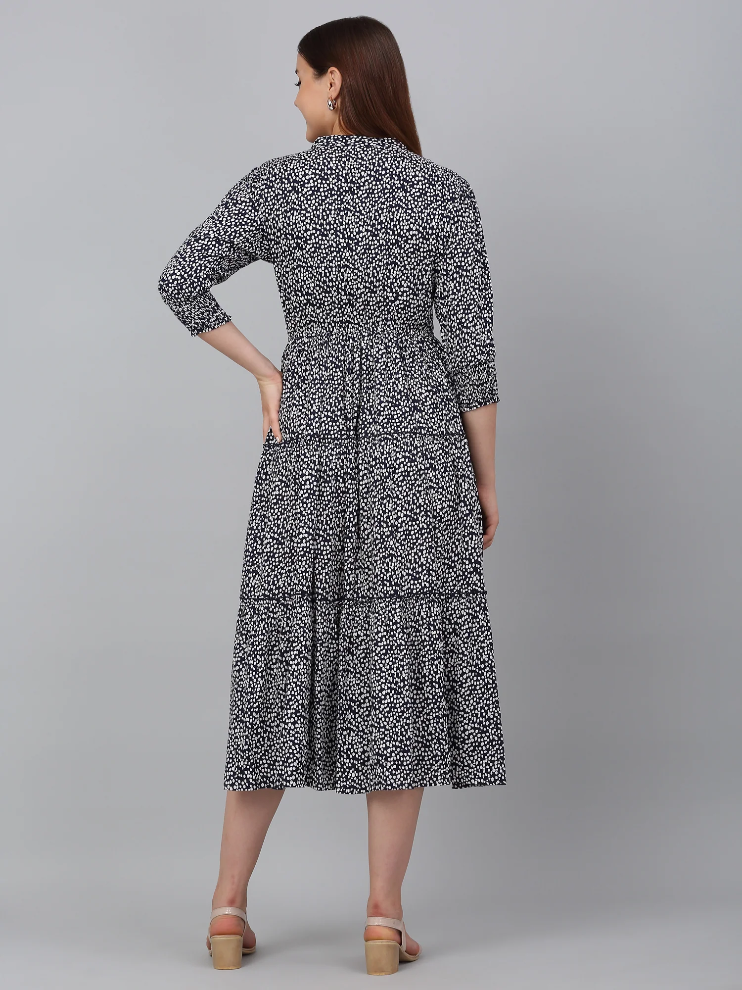 Women's Blue Printed Mandarin Collar Casual Dress - Image 2