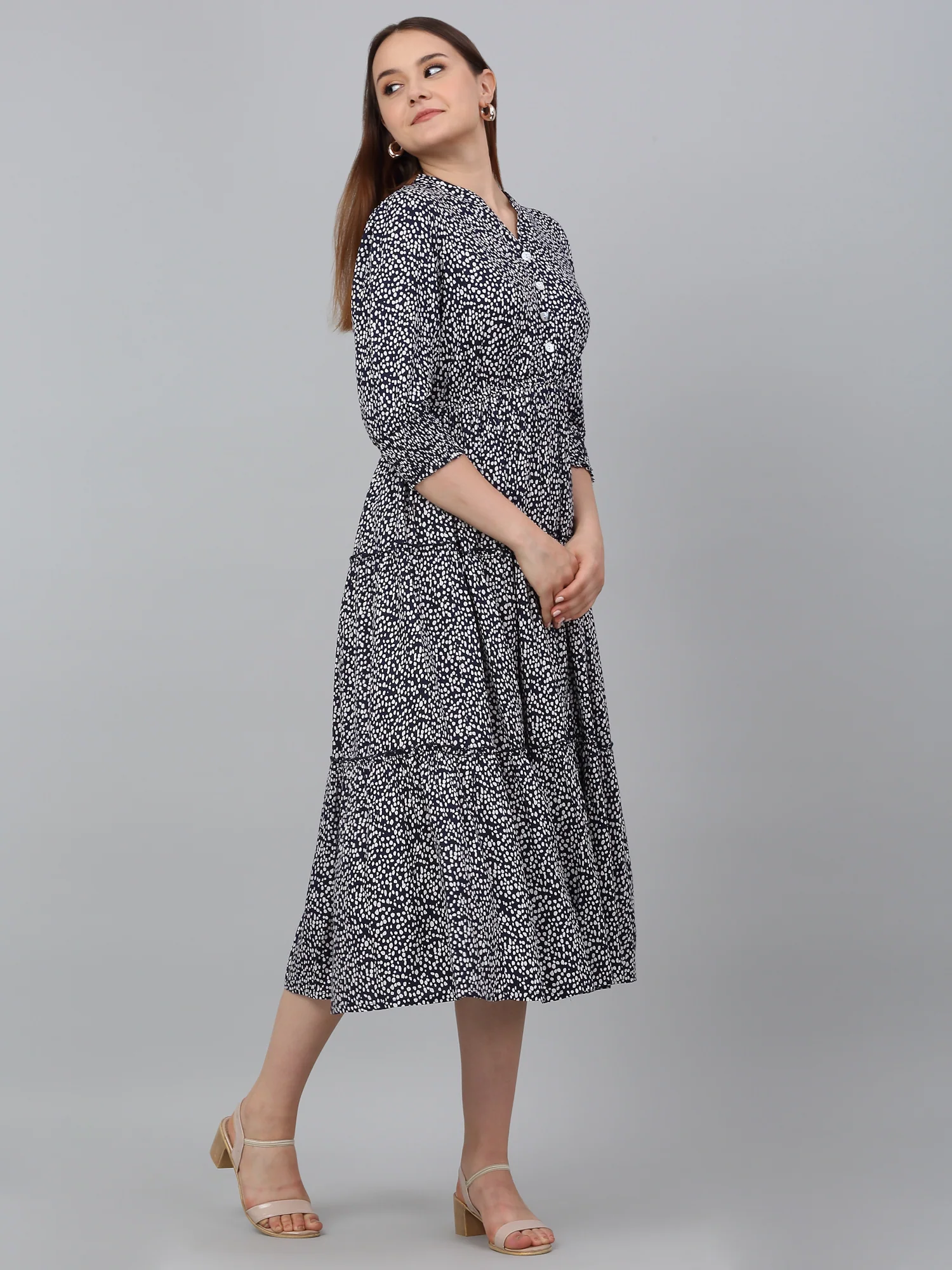 Women's Blue Printed Mandarin Collar Casual Dress - Image 3