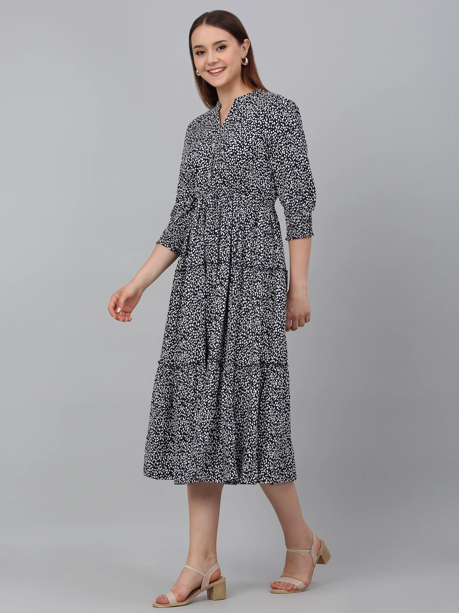 Women's Blue Printed Mandarin Collar Casual Dress - Image 4