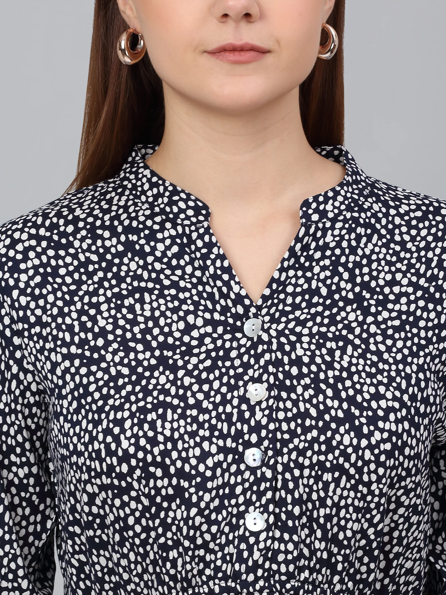 Women's Blue Printed Mandarin Collar Casual Dress - Image 5