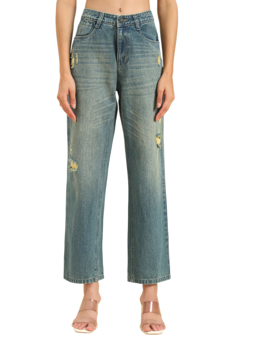 Women's Blue Solid Regular Fit Casual Jeans - Image 2