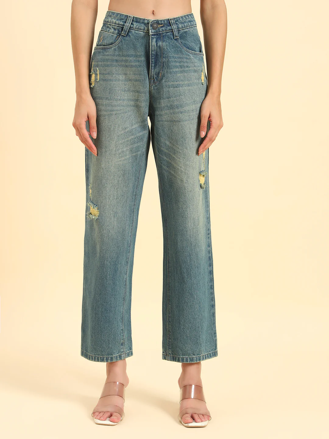 Women's Blue Solid Regular Fit Casual Jeans - Image 3