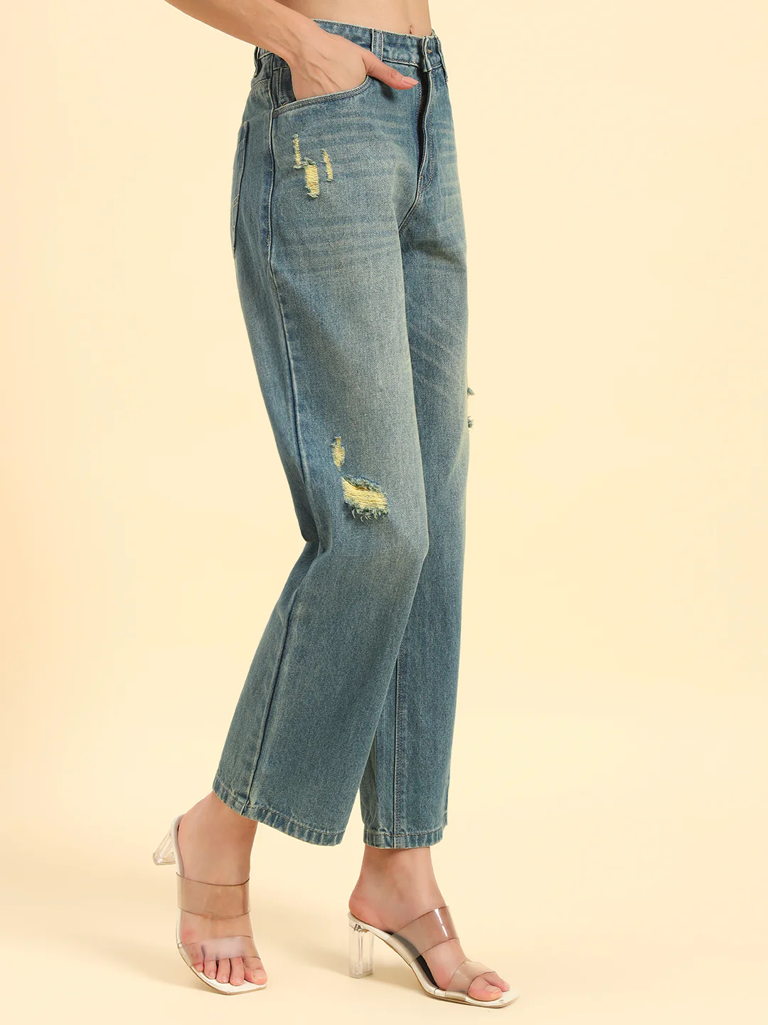 Women's Blue Solid Regular Fit Casual Jeans - Image 5