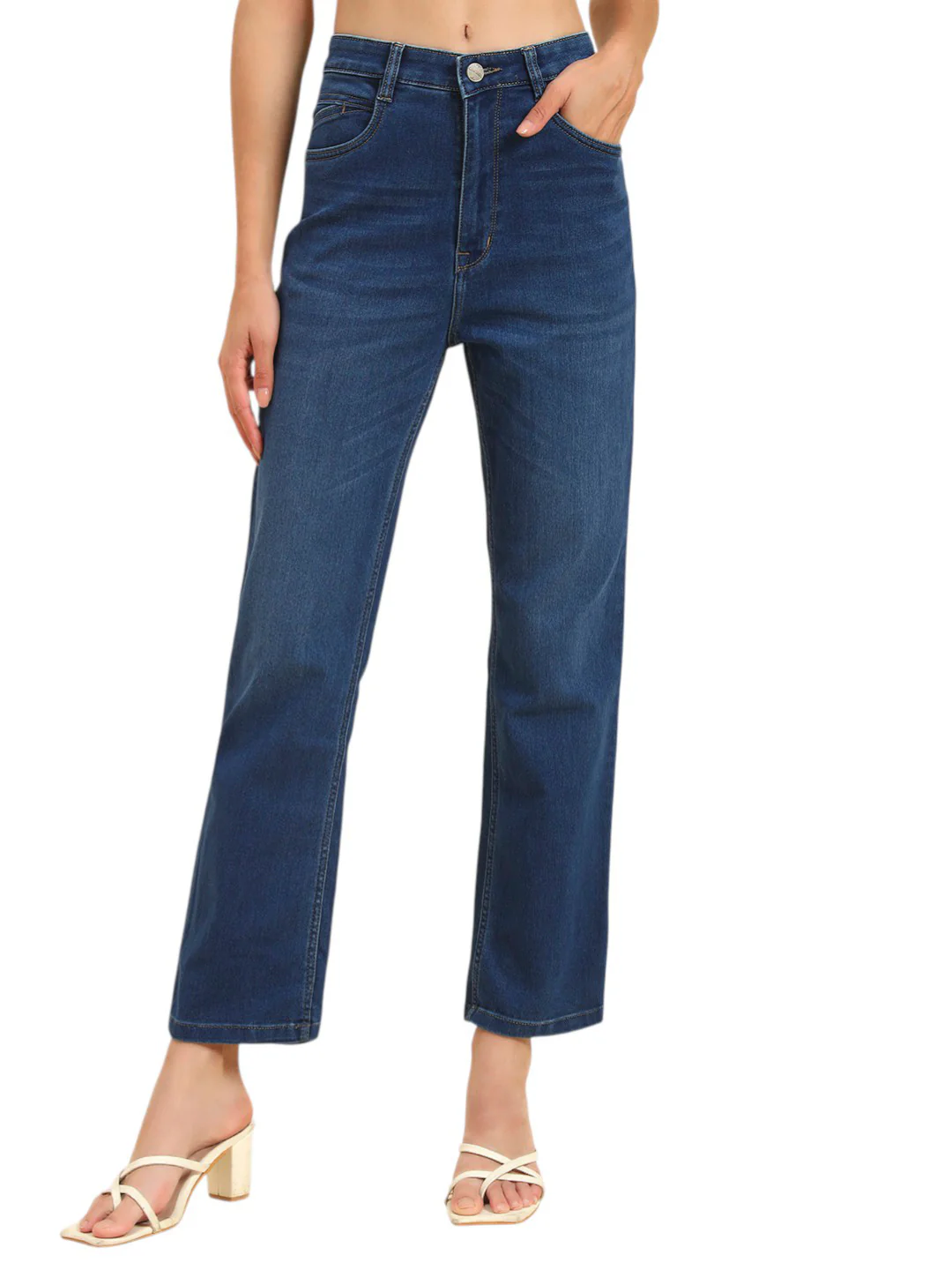 Women's Blue Solid Regular Fit Casual Jeans - Image 2
