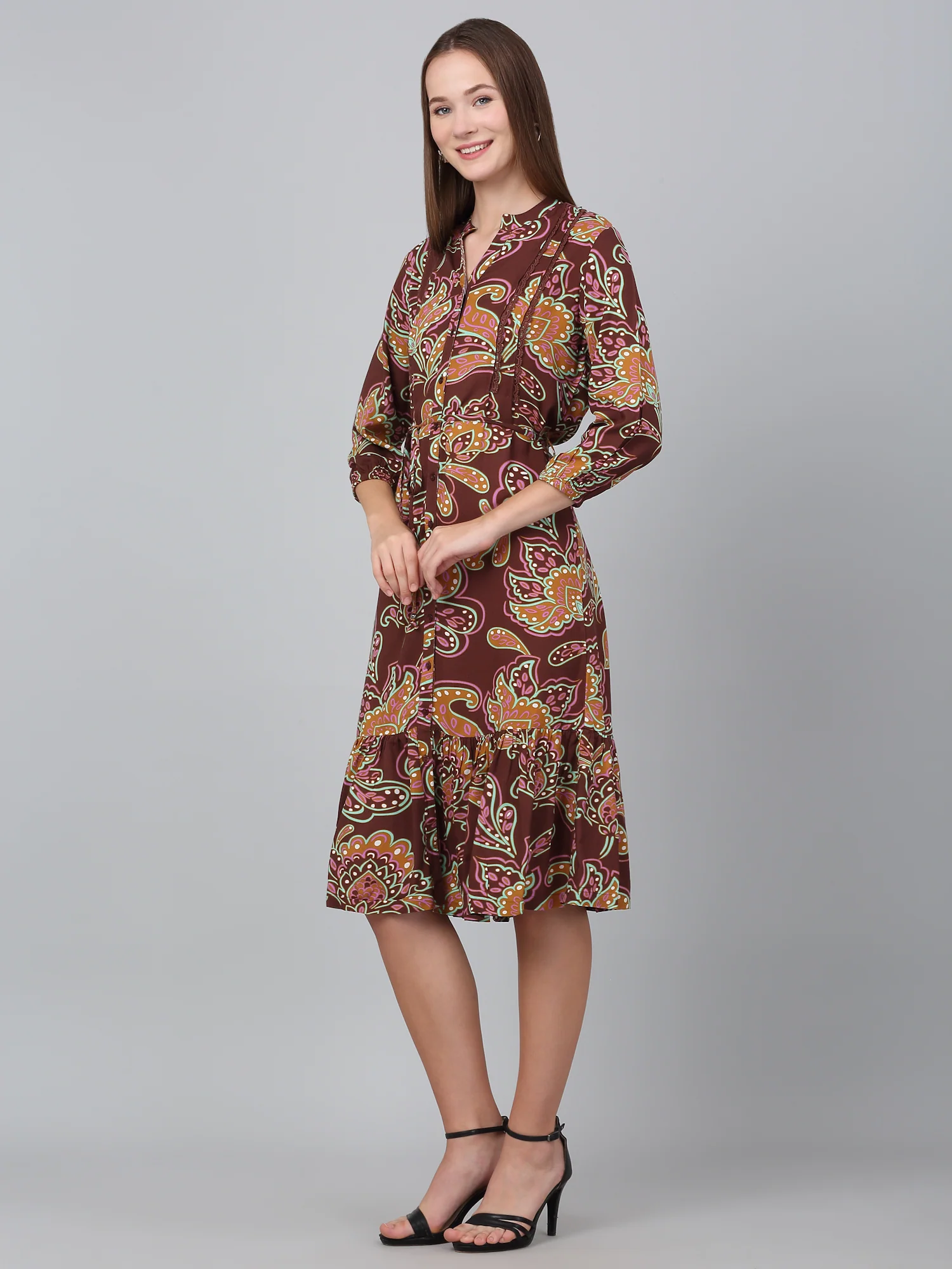 Women's Brown Paisley Print Casual Dress - Image 3