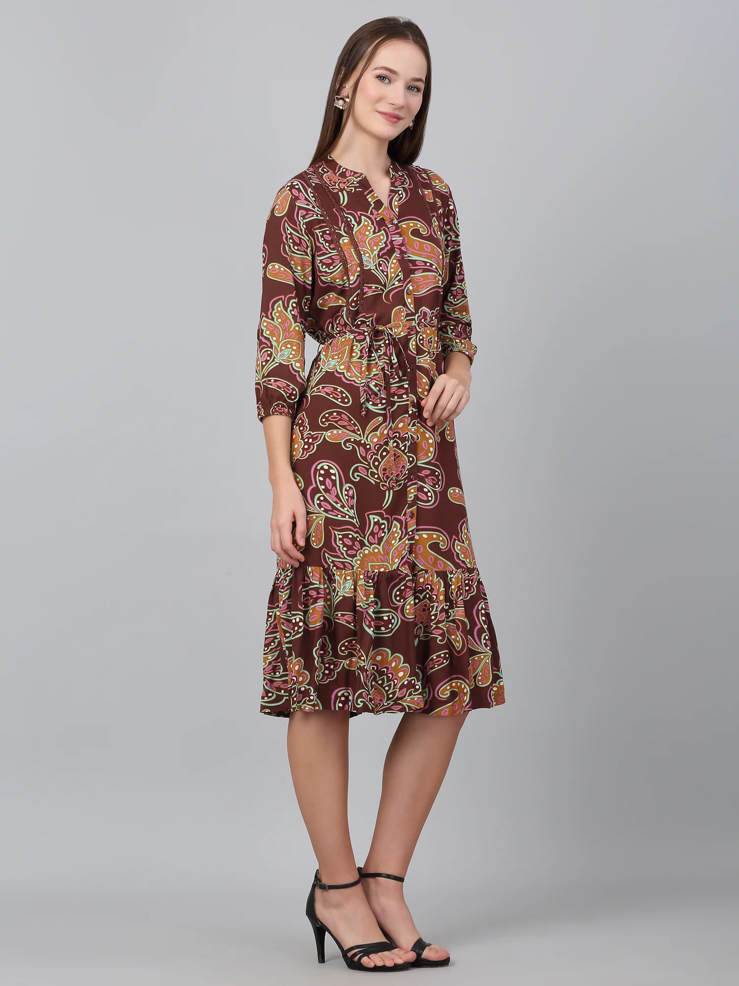 Women's Brown Paisley Print Casual Dress - Image 4