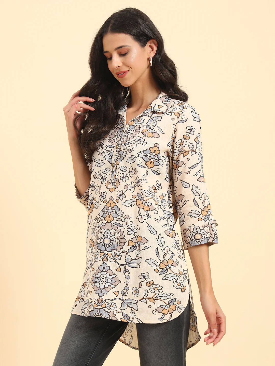 Women's Brown Printed 3/4th Sleeve Shirt Collar Casual Tunic - Image 3