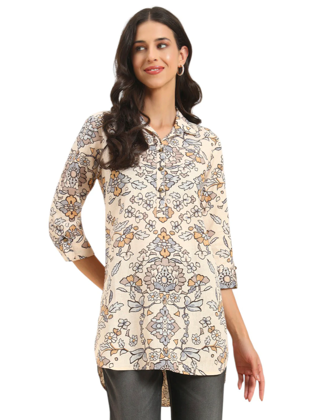 Women's Brown Printed 3/4th Sleeve Shirt Collar Casual Tunic - Image 4
