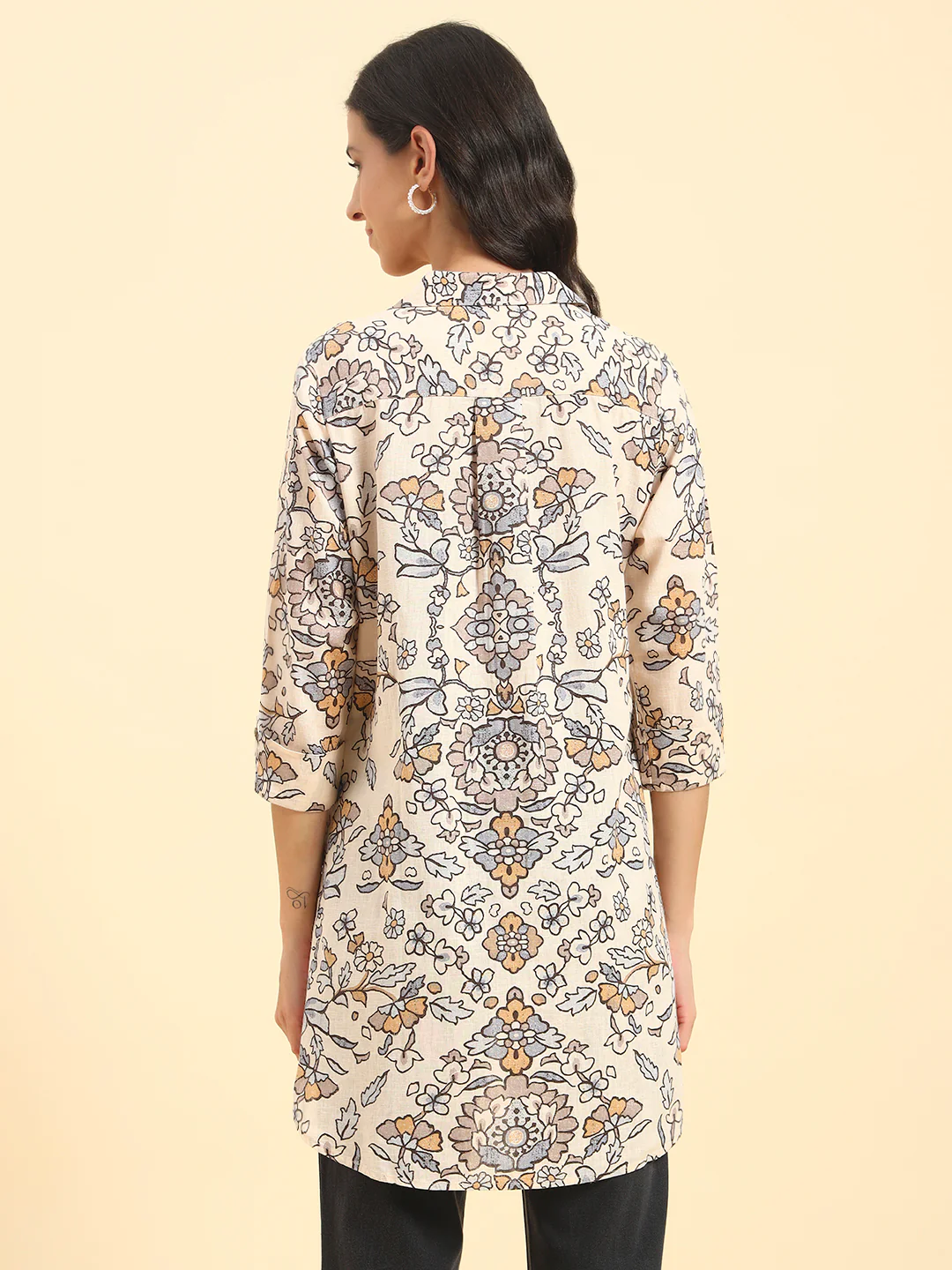Women's Brown Printed 3/4th Sleeve Shirt Collar Casual Tunic - Image 7