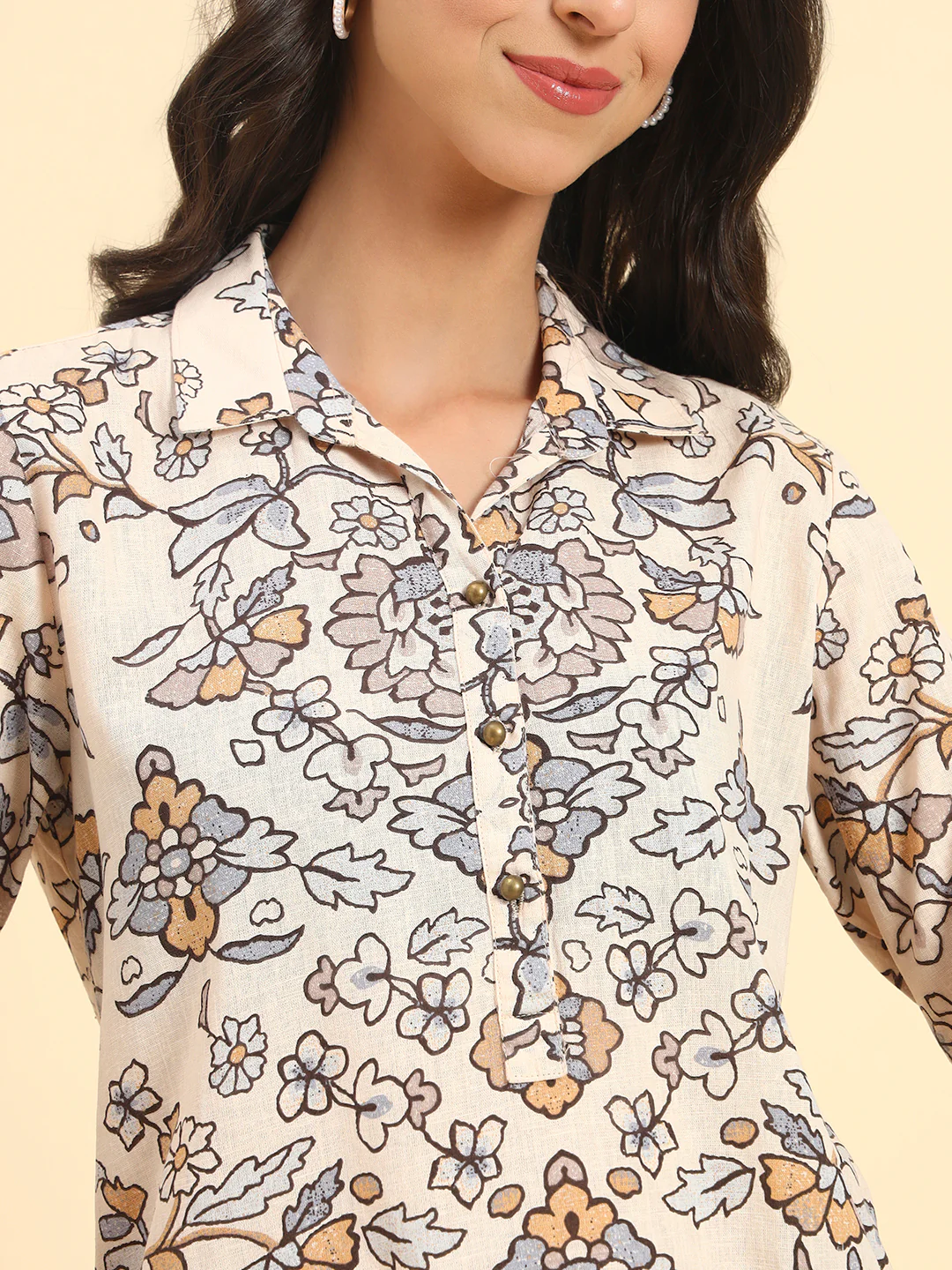 Women's Brown Printed 3/4th Sleeve Shirt Collar Casual Tunic - Image 8