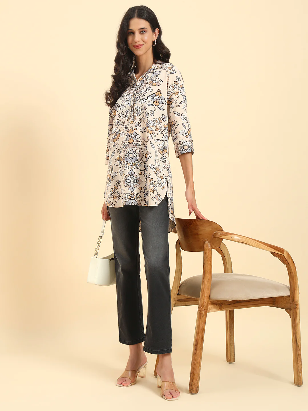 Women's Brown Printed 3/4th Sleeve Shirt Collar Casual Tunic - Image 9