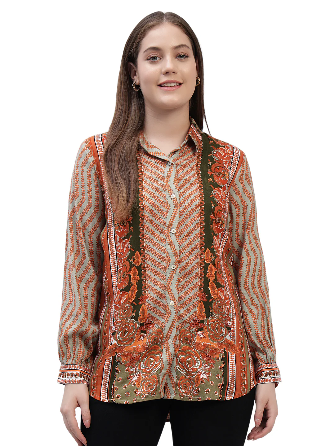 Women's Brown Printed Full Sleeves Spread Collar Casual Tunic - Image 2