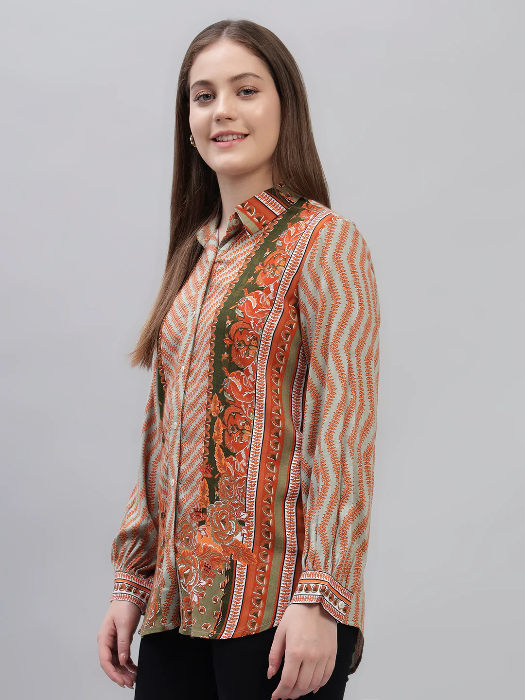 Women's Brown Printed Full Sleeves Spread Collar Casual Tunic - Image 3