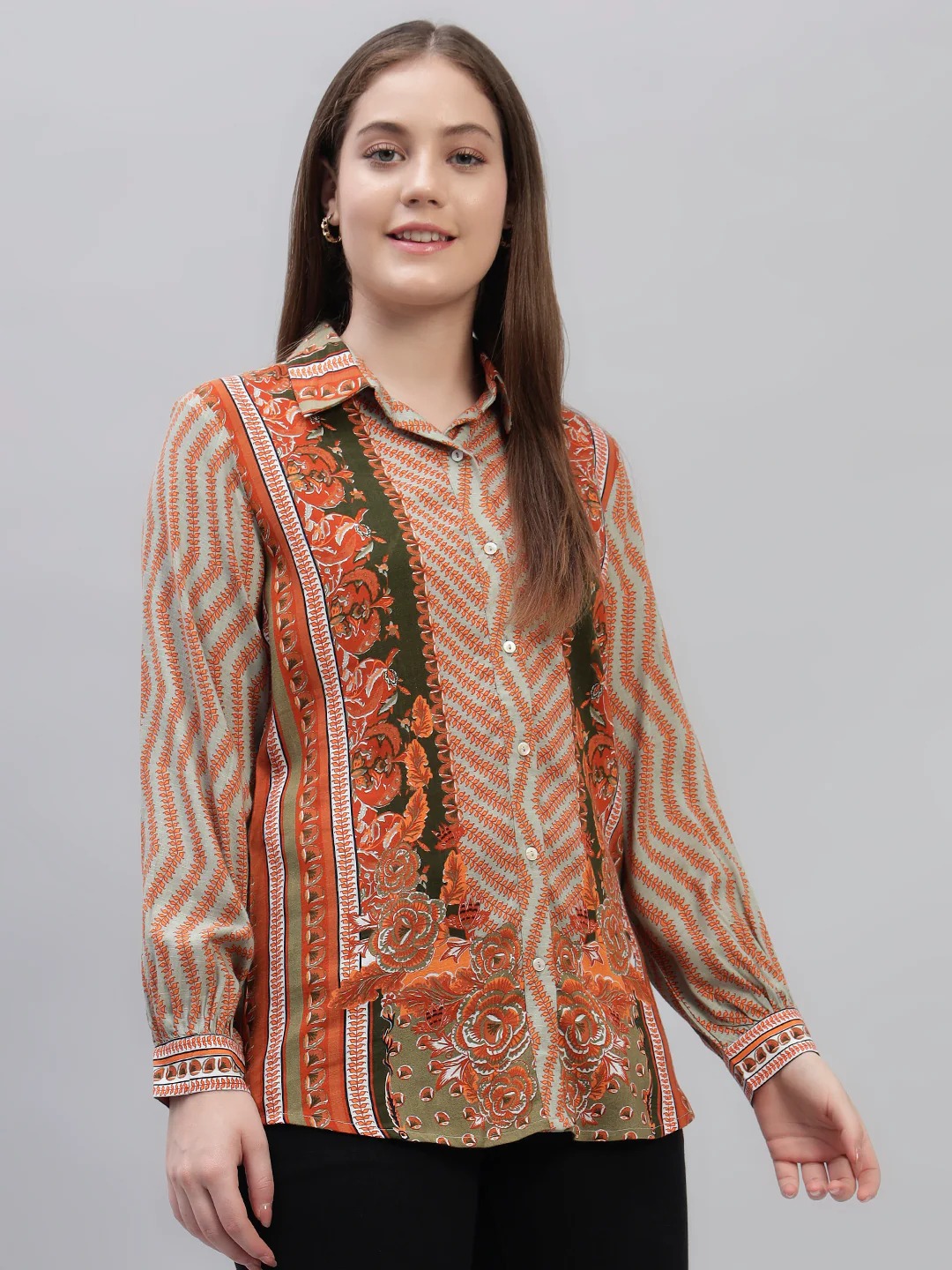 Women's Brown Printed Full Sleeves Spread Collar Casual Tunic - Image 4