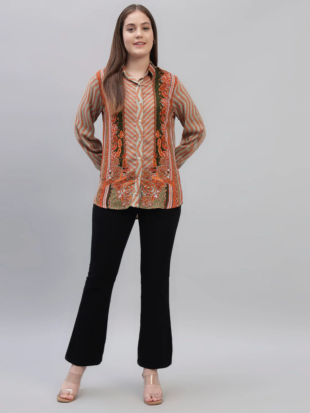 Women's Brown Printed Full Sleeves Spread Collar Casual Tunic - Image 5