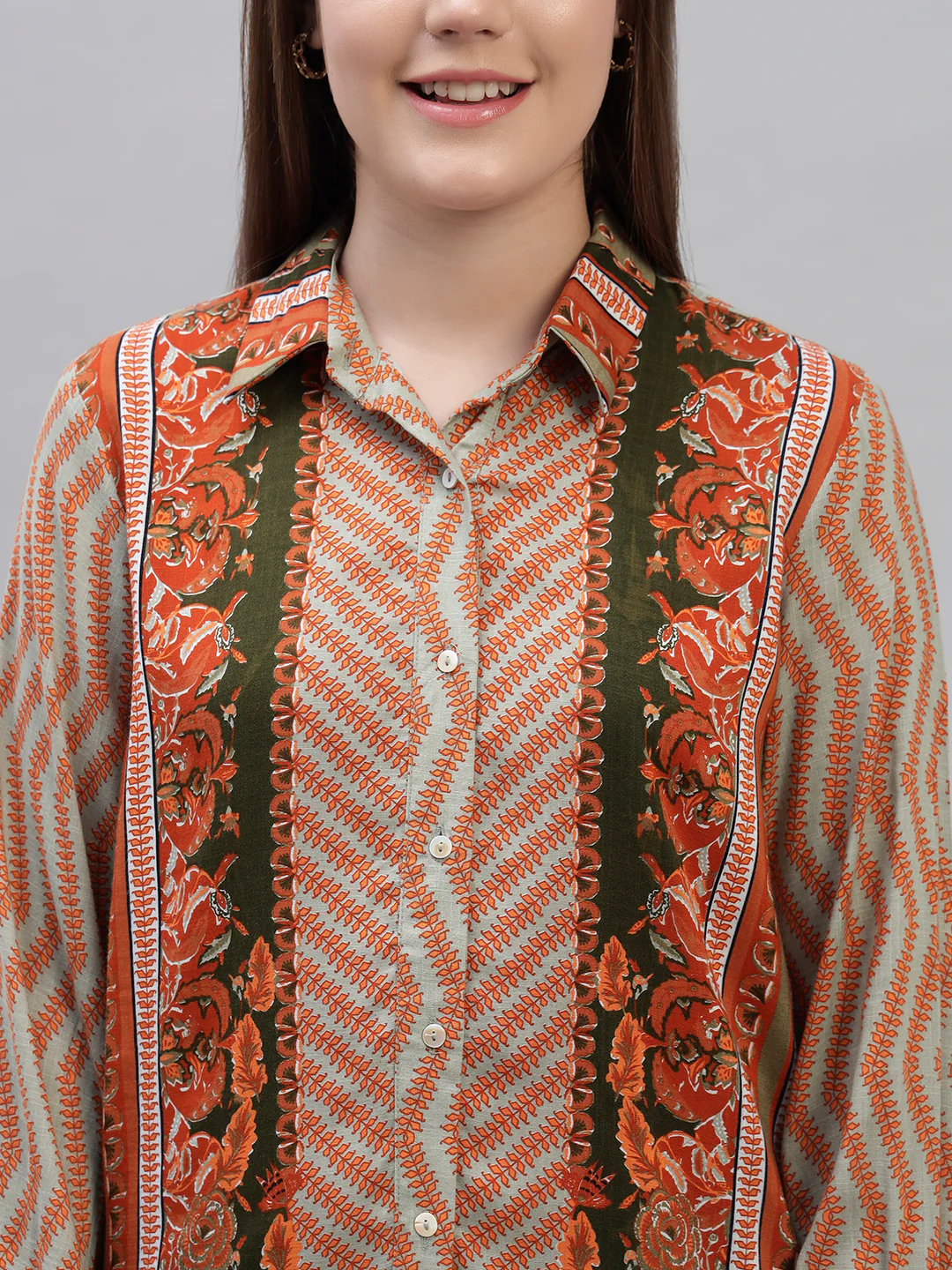 Women's Brown Printed Full Sleeves Spread Collar Casual Tunic - Image 6