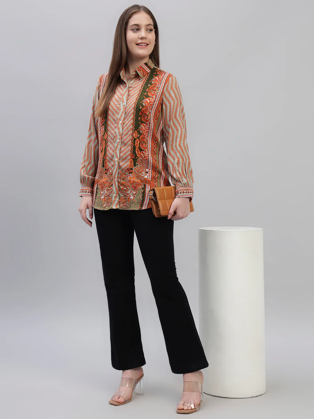 Women's Brown Printed Full Sleeves Spread Collar Casual Tunic - Image 7
