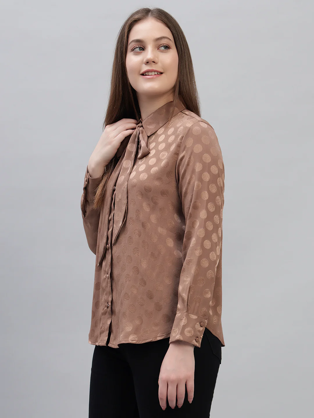 Women's Brown Self Design Full Sleeves Spread Collar Casual Top - Image 2
