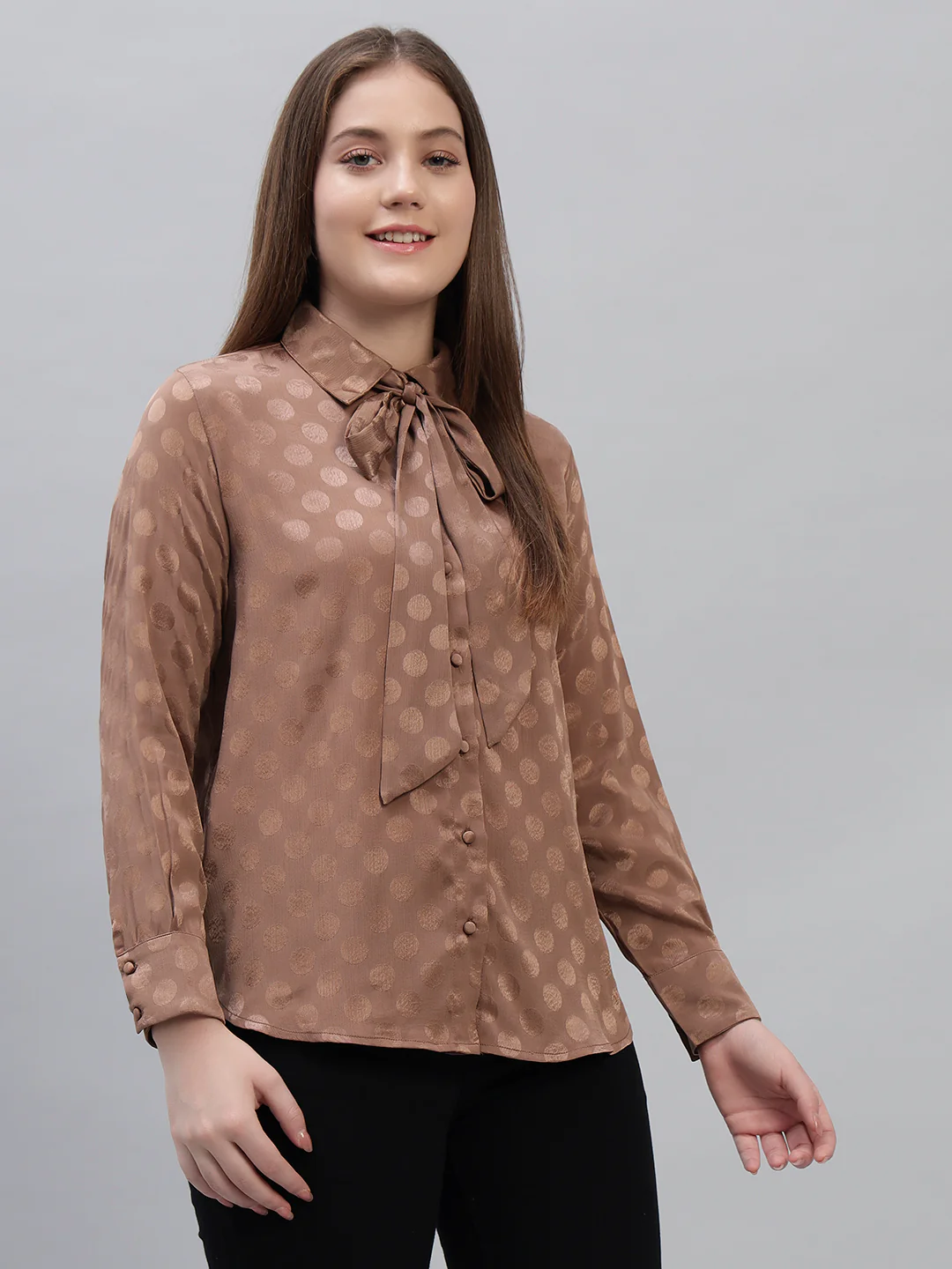 Women's Brown Self Design Full Sleeves Spread Collar Casual Top - Image 3