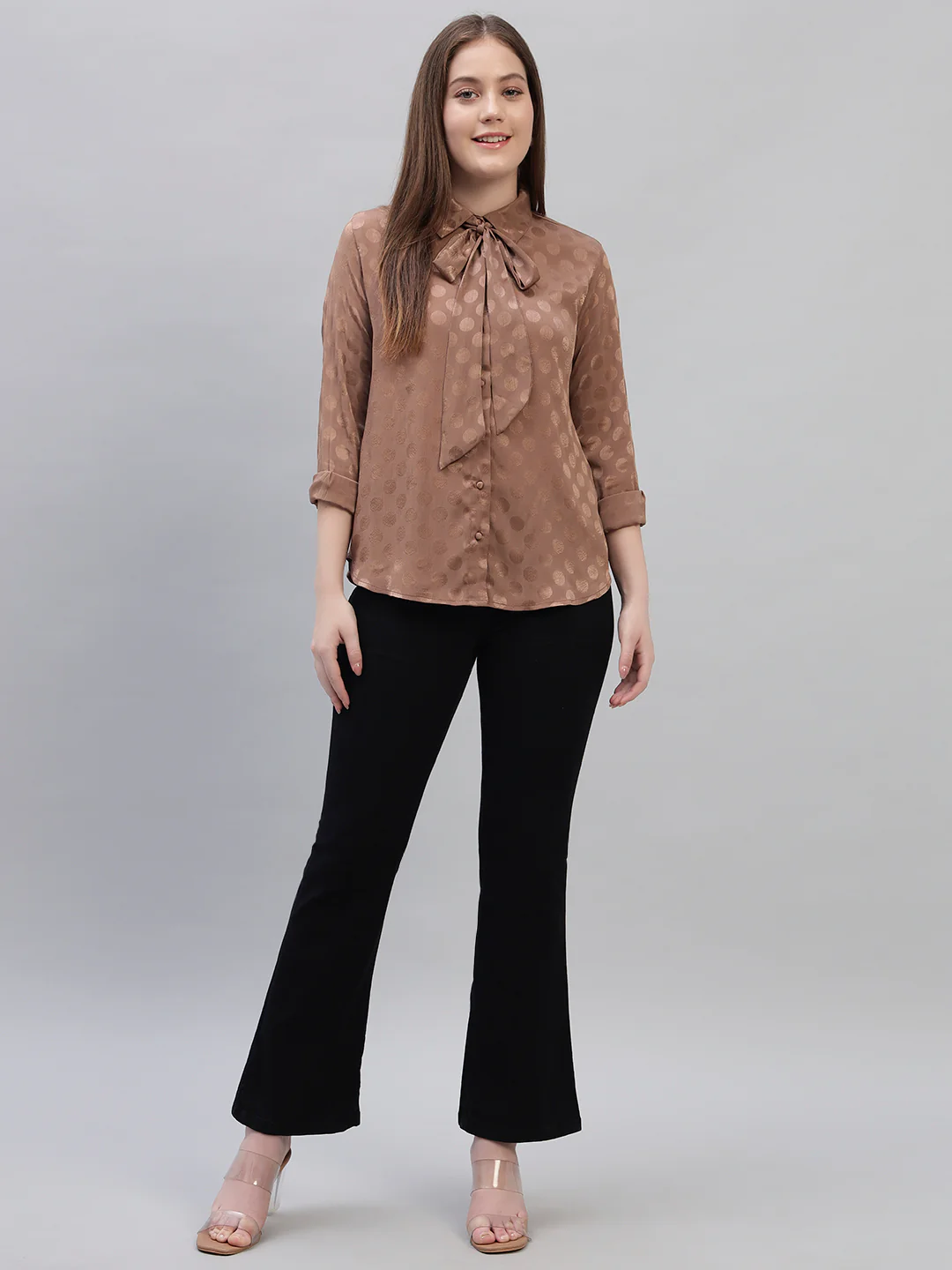 Women's Brown Self Design Full Sleeves Spread Collar Casual Top - Image 5