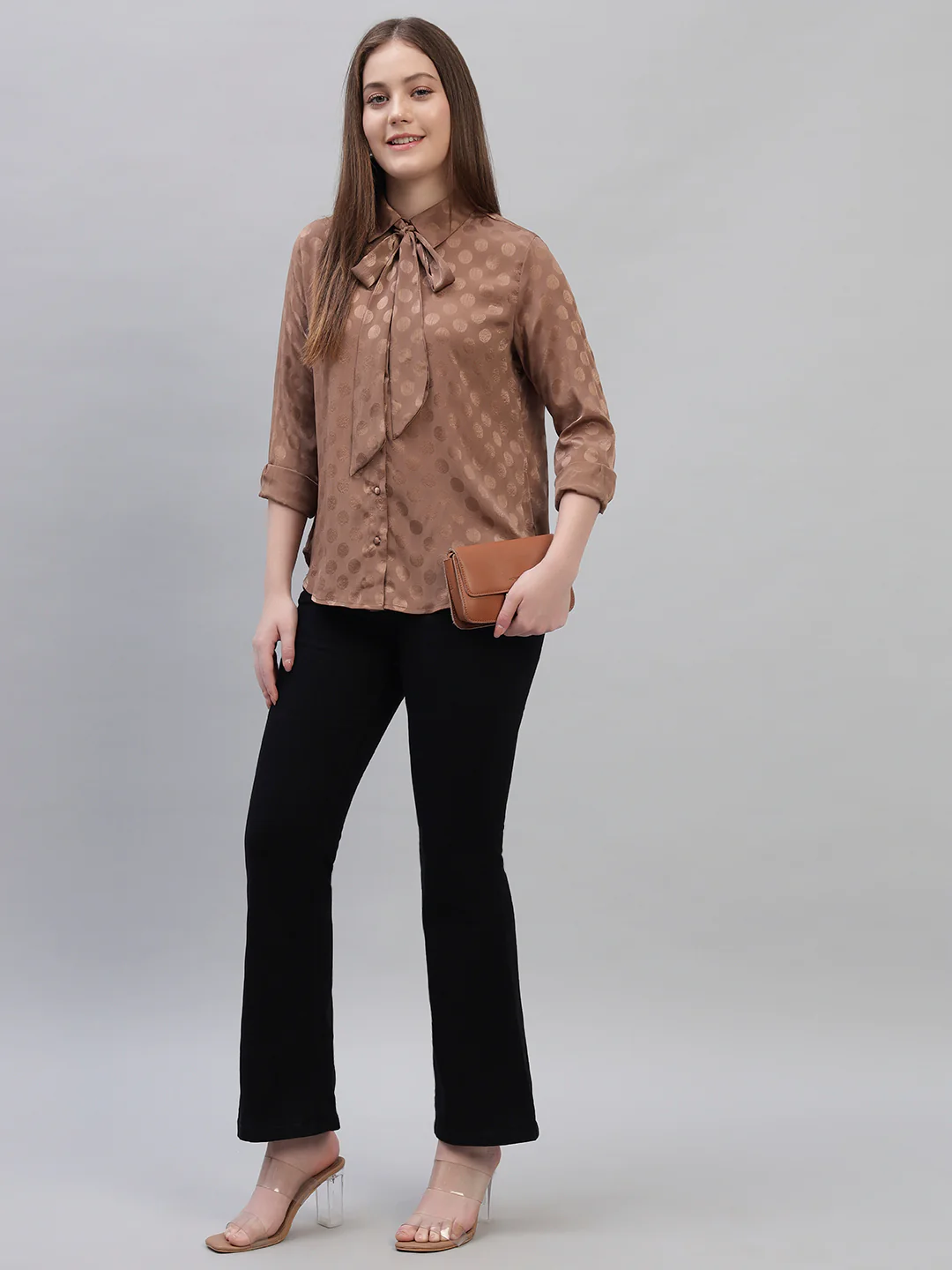 Women's Brown Self Design Full Sleeves Spread Collar Casual Top - Image 6