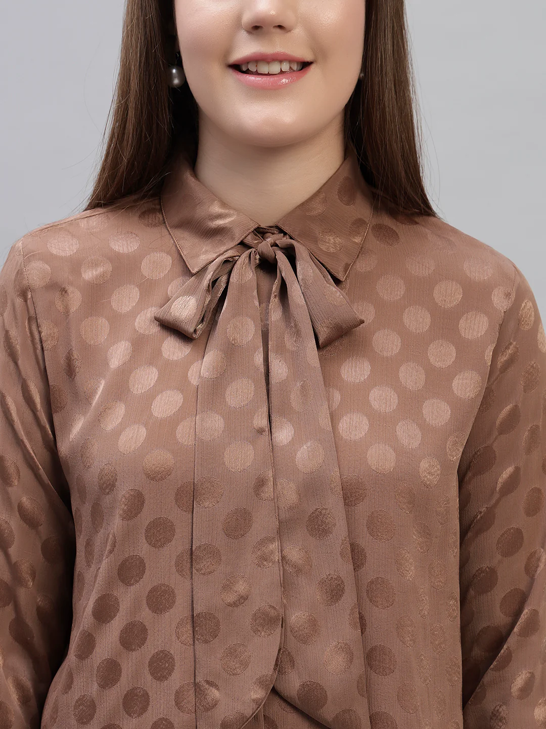 Women's Brown Self Design Full Sleeves Spread Collar Casual Top - Image 7