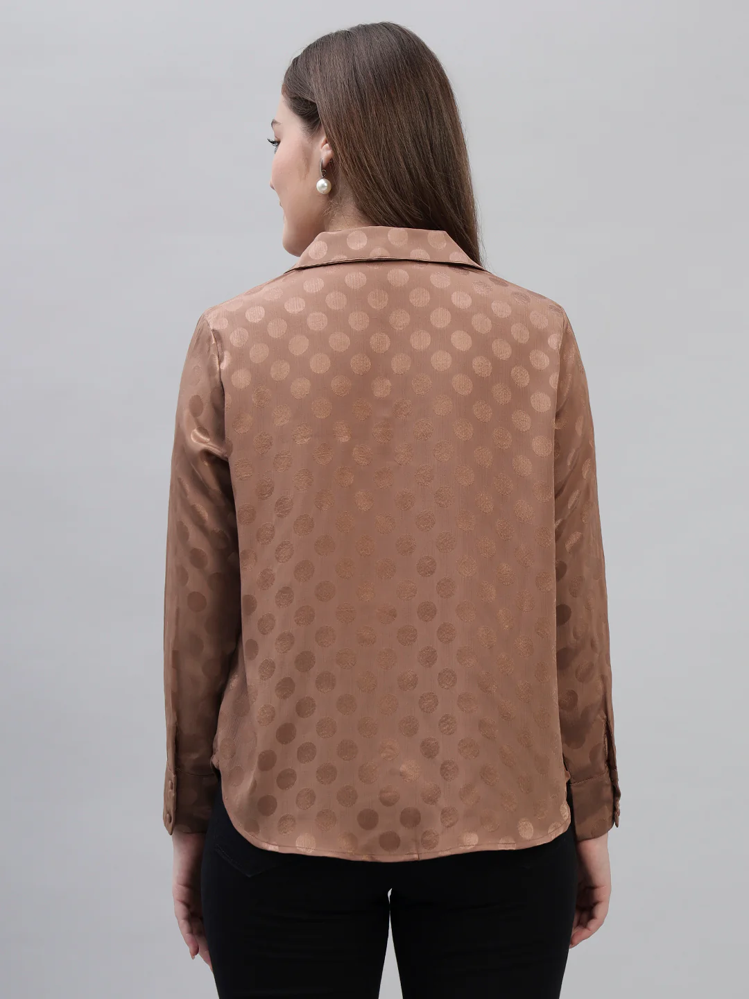 Women's Brown Self Design Full Sleeves Spread Collar Casual Top - Image 8