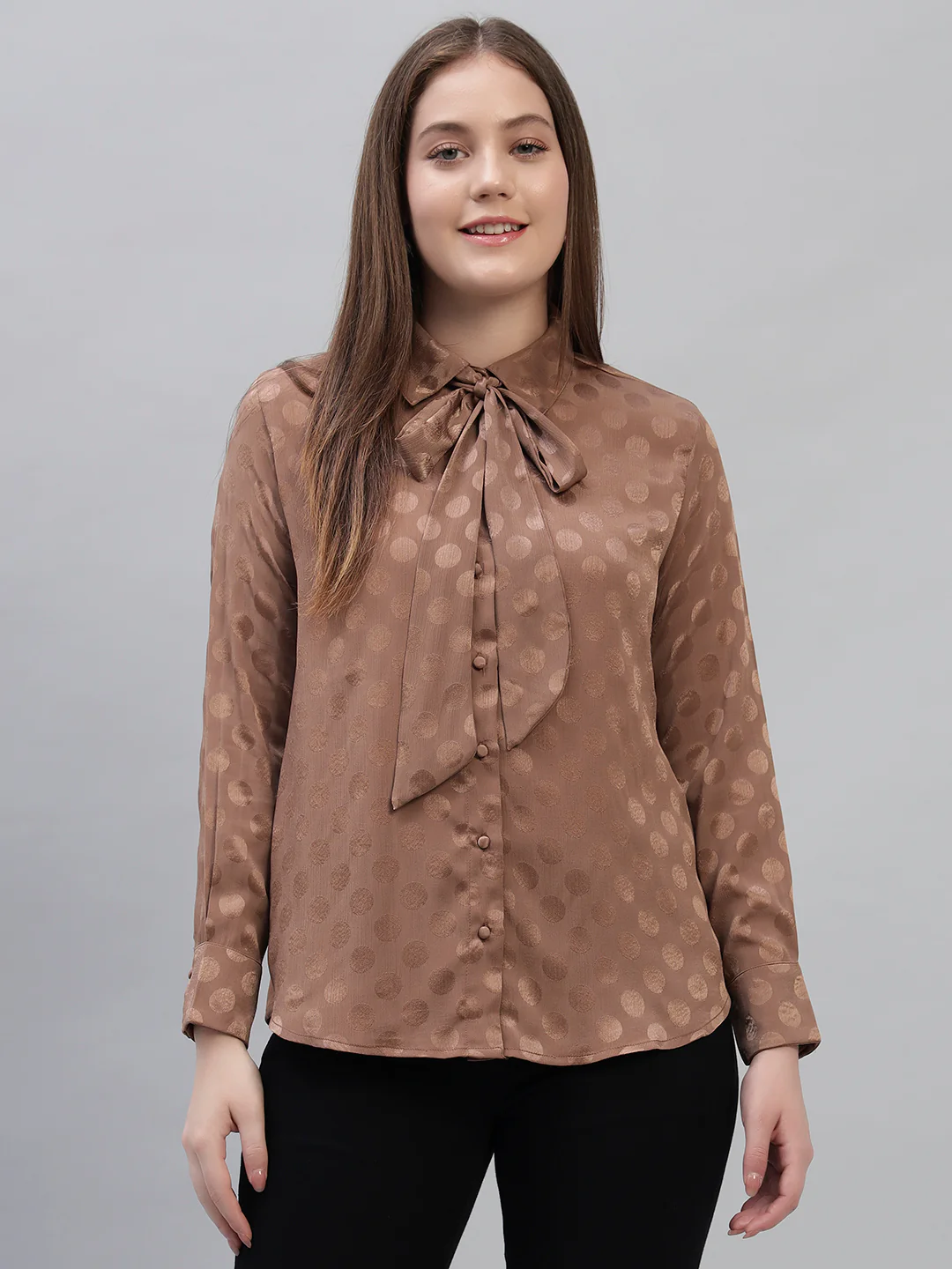 Women's Brown Self Design Full Sleeves Spread Collar Casual Top - Image 9