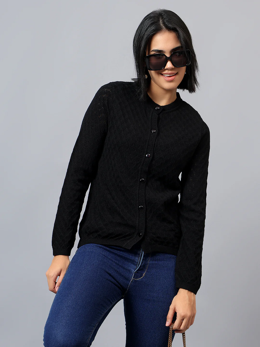 Women's Casual Black Round Neck Cardigan Sweater - Image 3