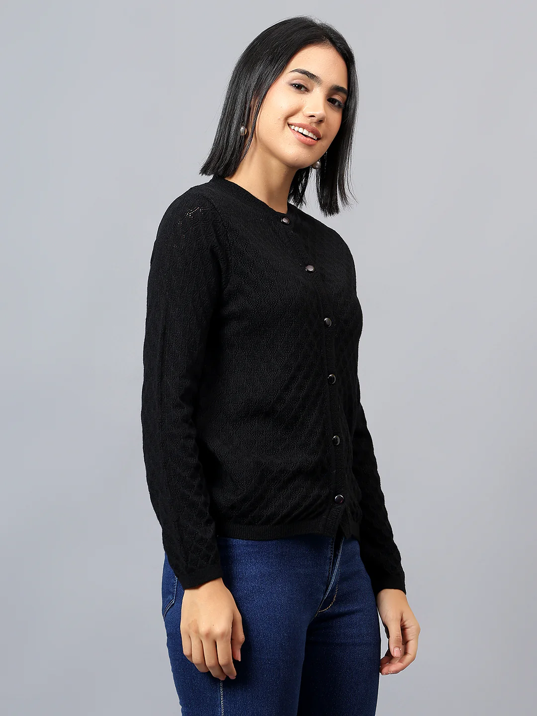 Women's Casual Black Round Neck Cardigan Sweater - Image 4