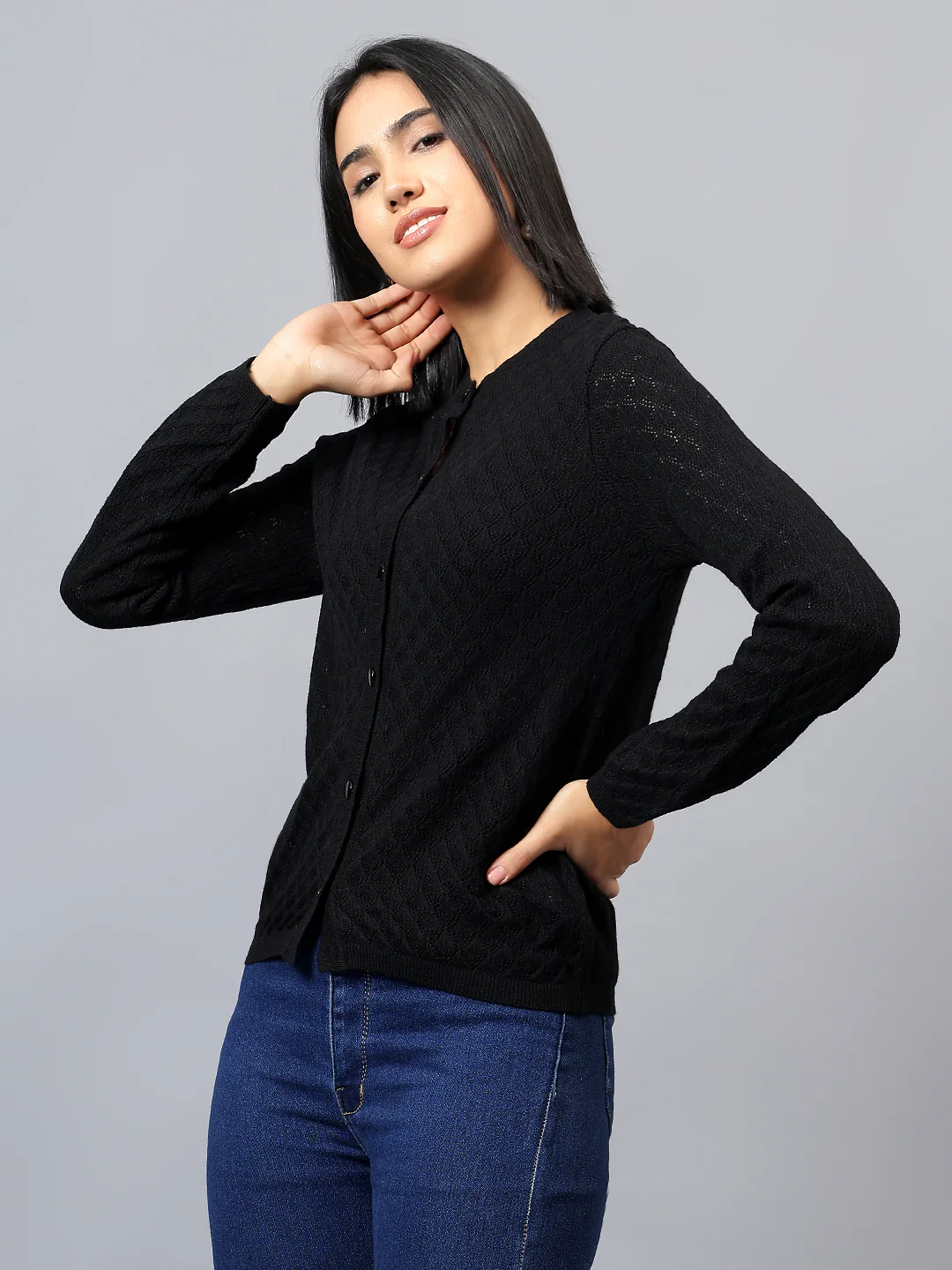 Women's Casual Black Round Neck Cardigan Sweater - Image 5