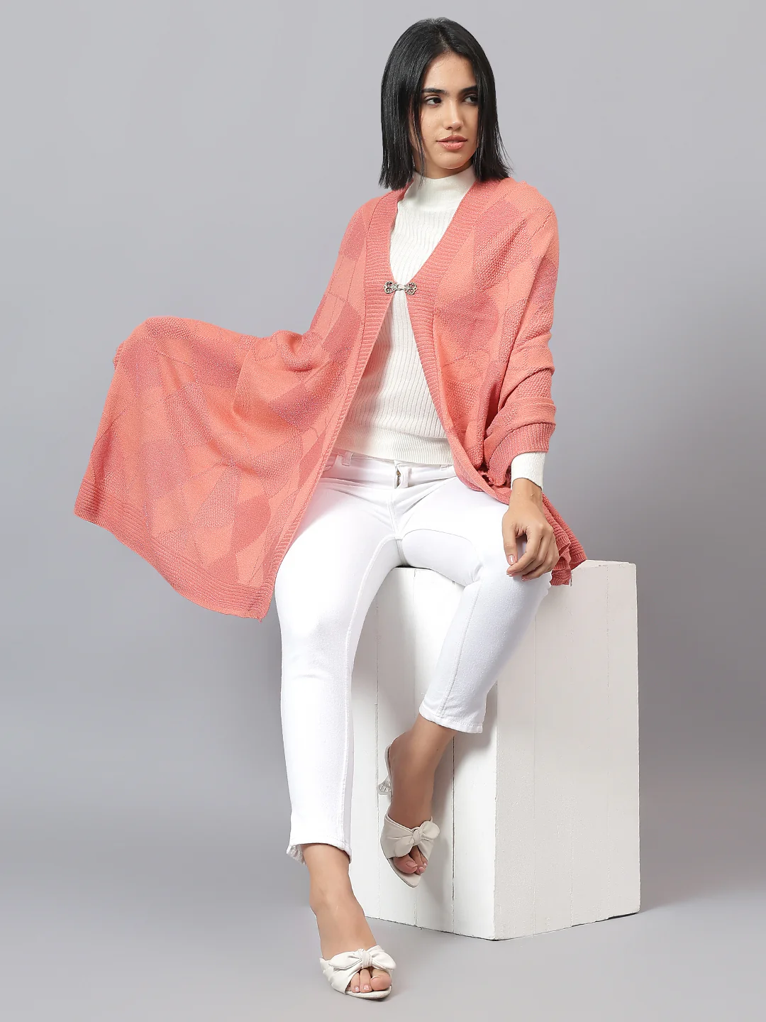 Women's Casual Pink Jacquard Stole - Image 2
