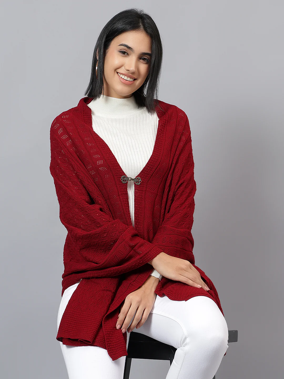Women's Casual Red Jacquard Stole - Image 2