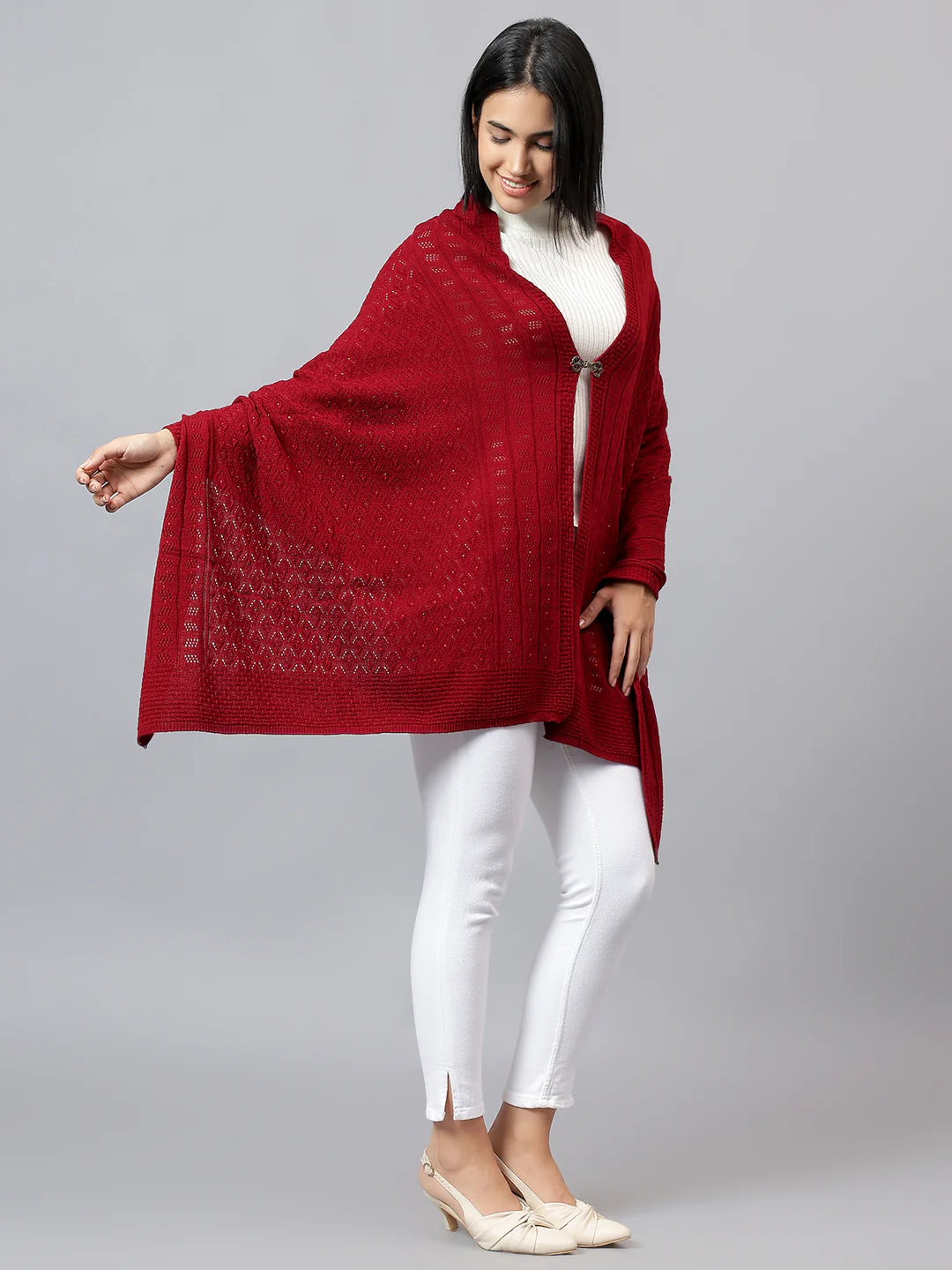 Women's Casual Red Jacquard Stole - Image 3
