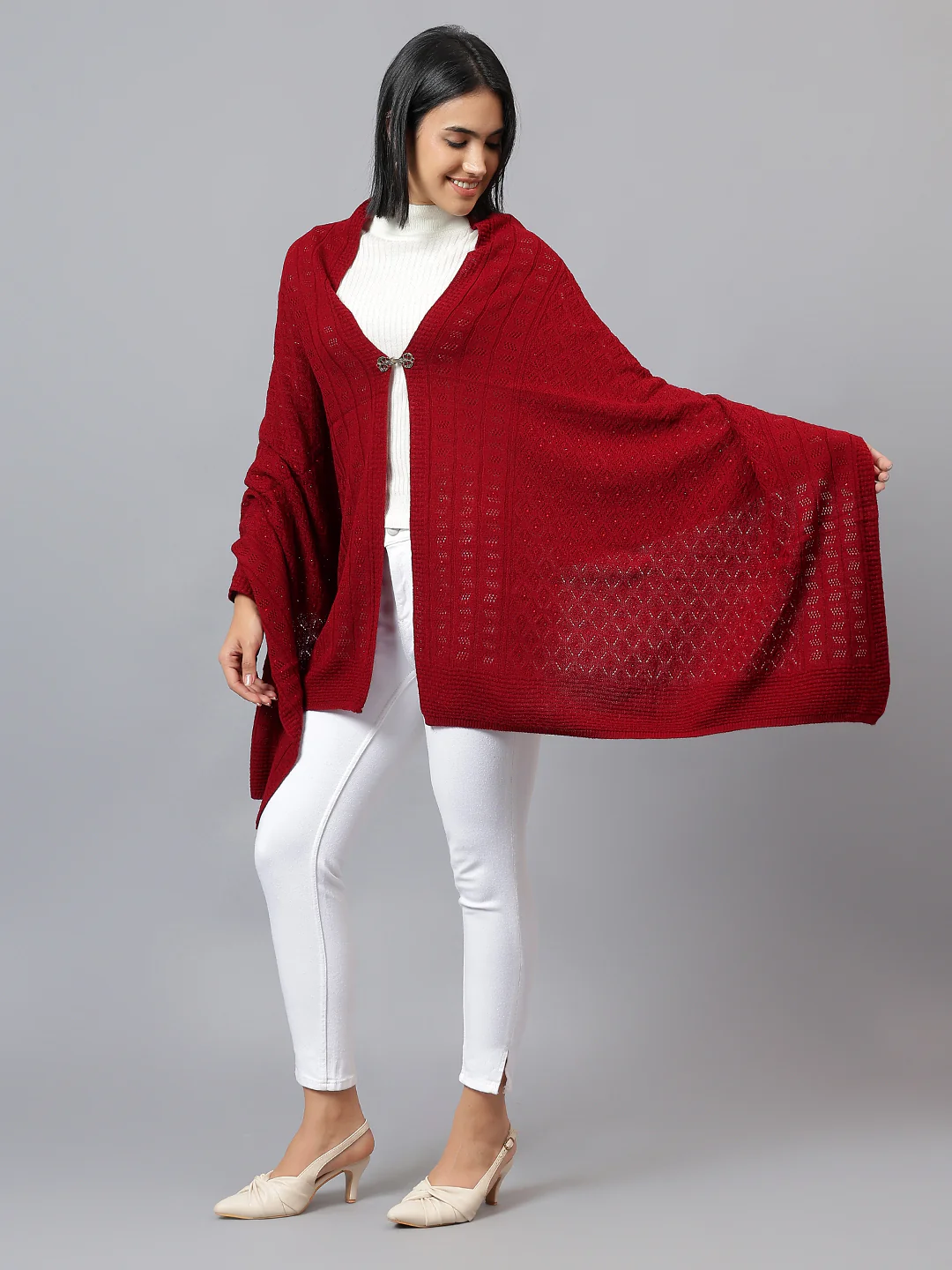 Women's Casual Red Jacquard Stole - Image 4