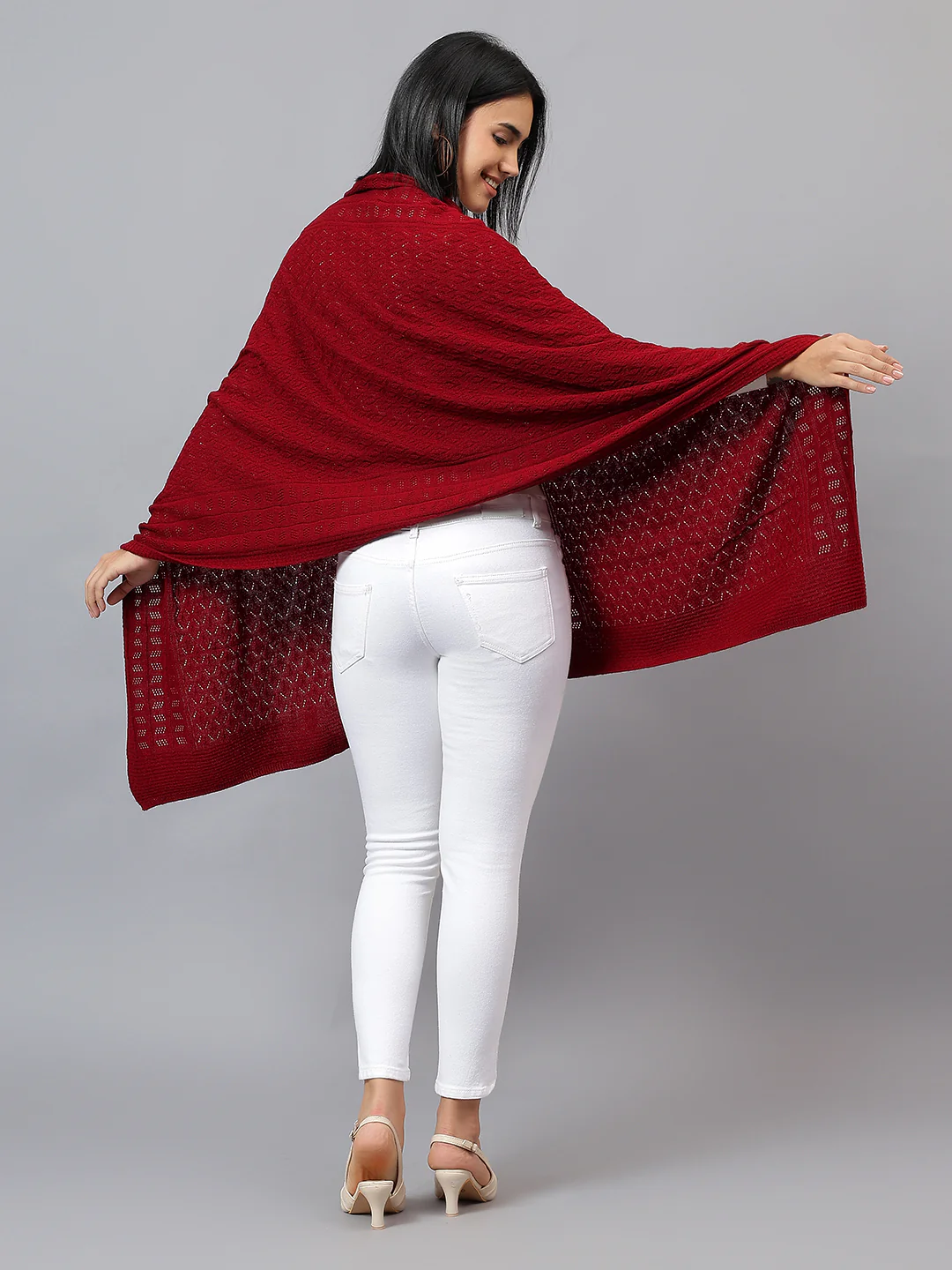 Women's Casual Red Jacquard Stole - Image 5