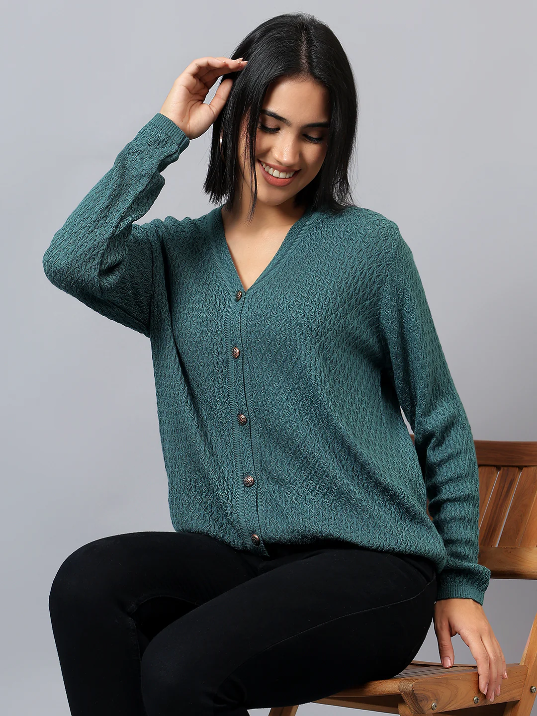 Women's Casual Teal V-Neck Cardigan Sweater - Image 3